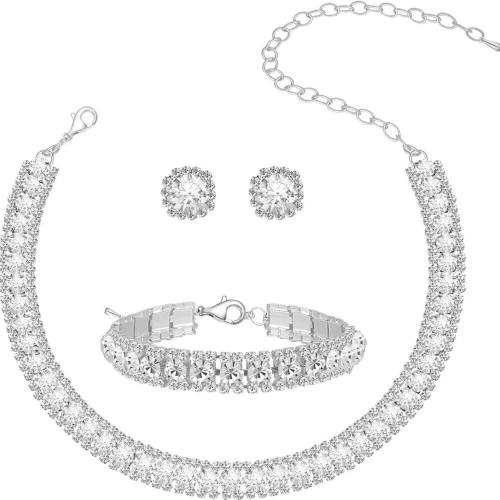 Women Rhinestone Jewelry Set Crystal Necklace Earrings Bracelet Wedding Bridesma